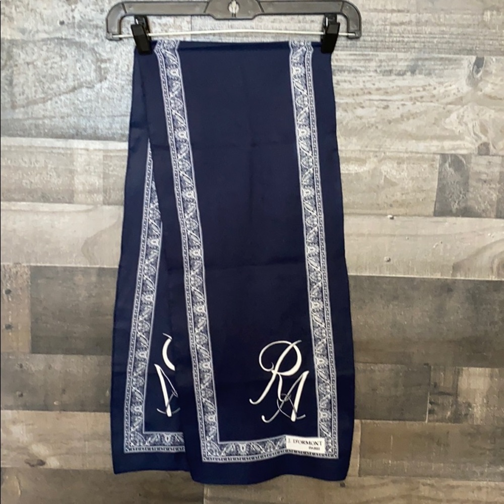 Navy Blue and White J. Dormant Paris Scarf with R/A Initials